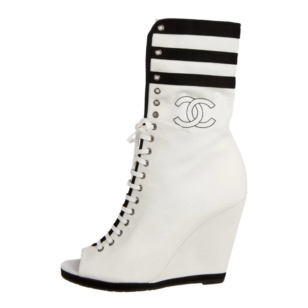 IN SEARCH OF- Chanel Black and White Lace-Up Wedge Boots